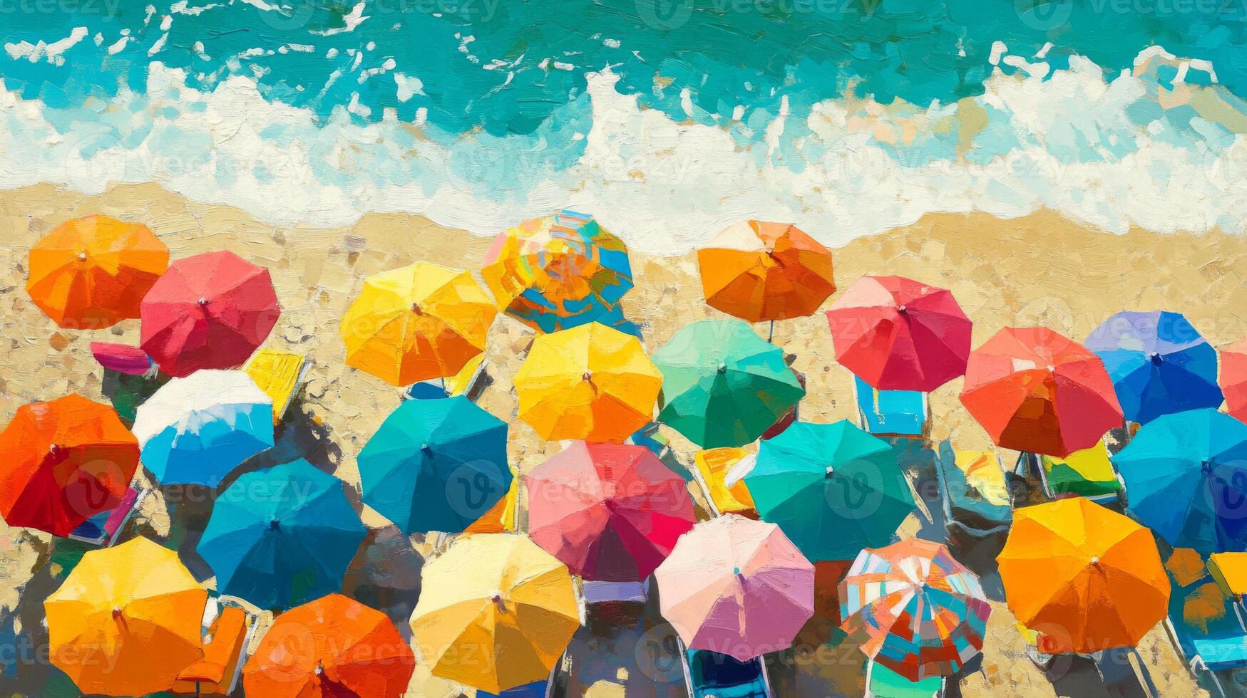 Vibrant Colorful Umbrellas on Sandy Beach near Ocean photo