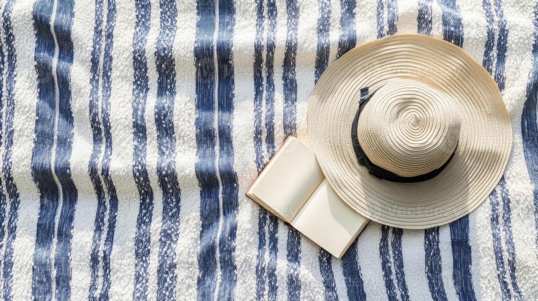 Straw Hat and Open Book on Striped Beach Blanket photo