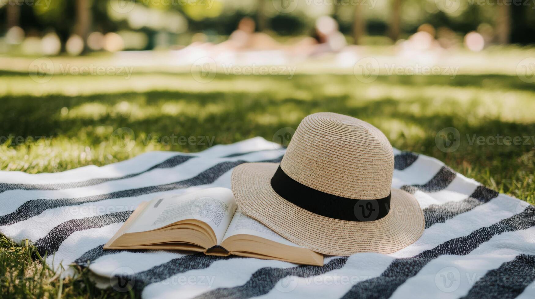Straw Hat and Open Book on Striped Blanket in Sunny Park photo