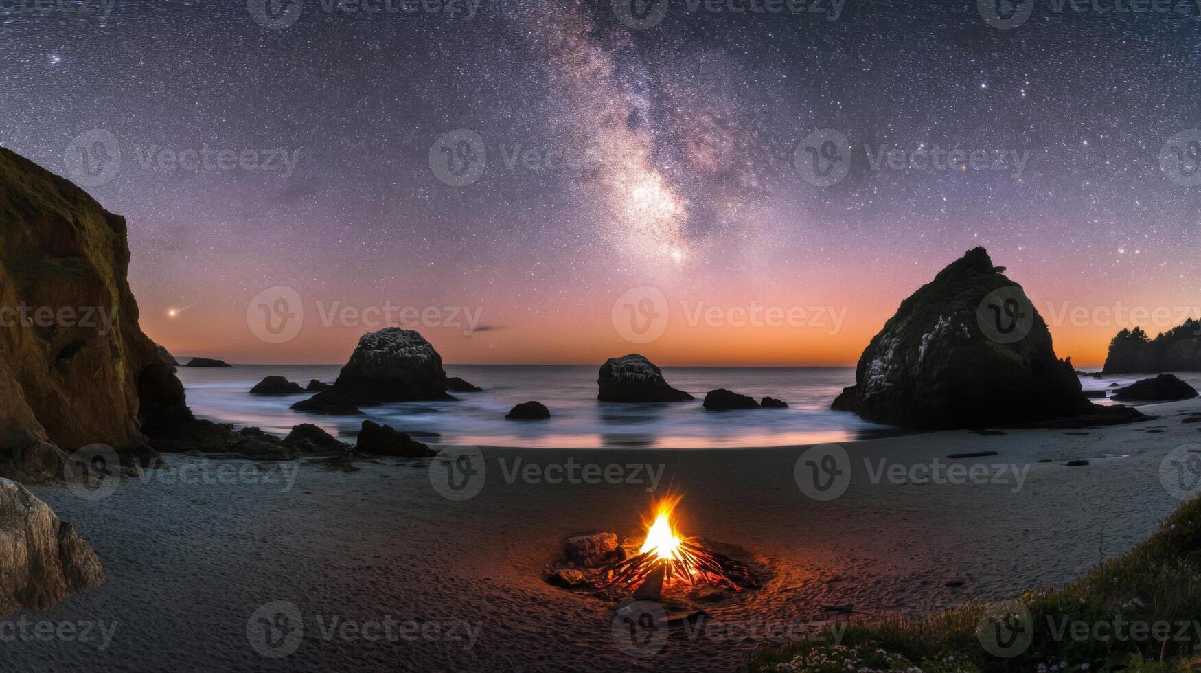 Night Beach Bonfire Under Starry Sky photo