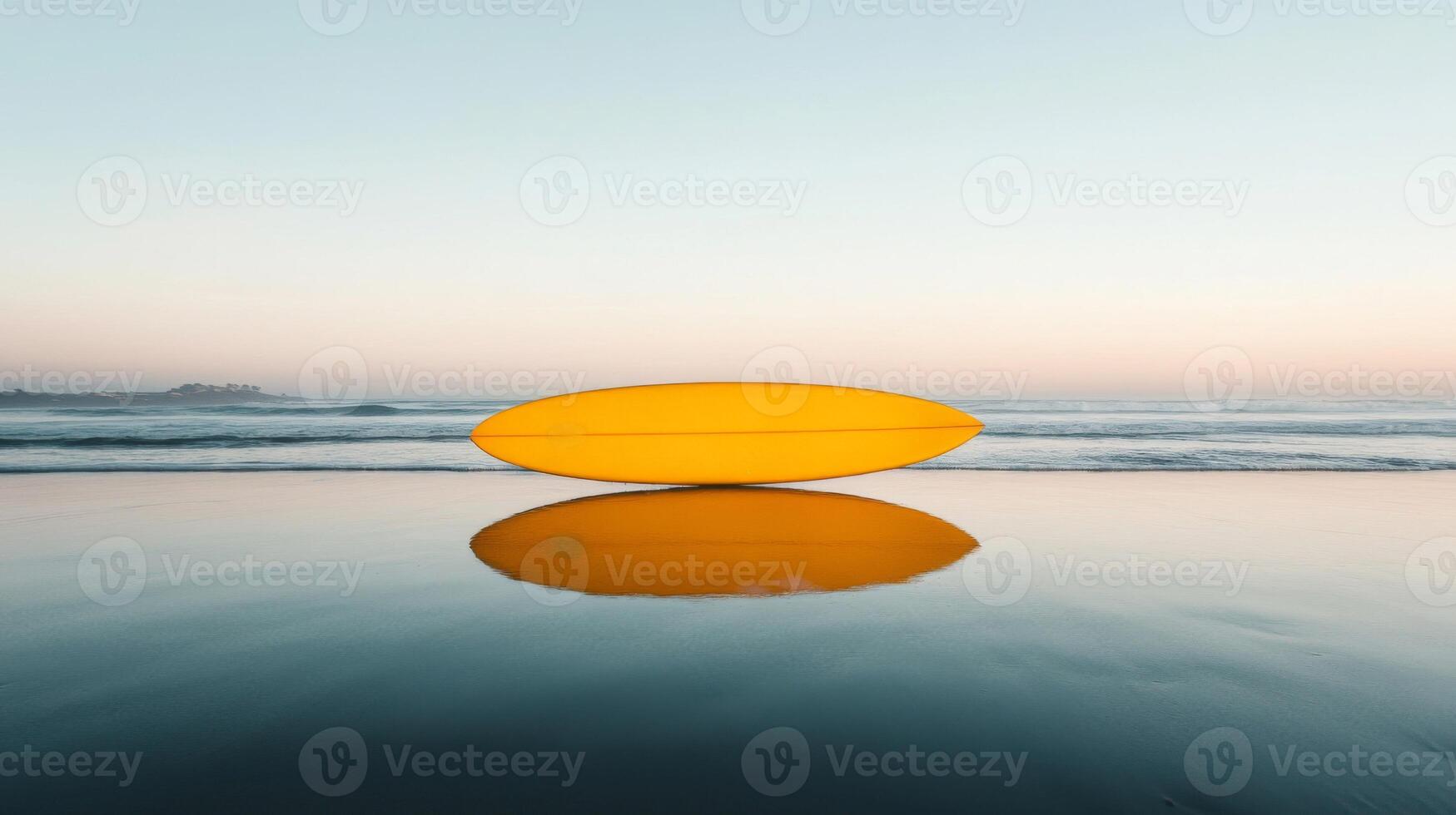 Yellow Surfboard on a Calm Ocean Beach at Sunset photo