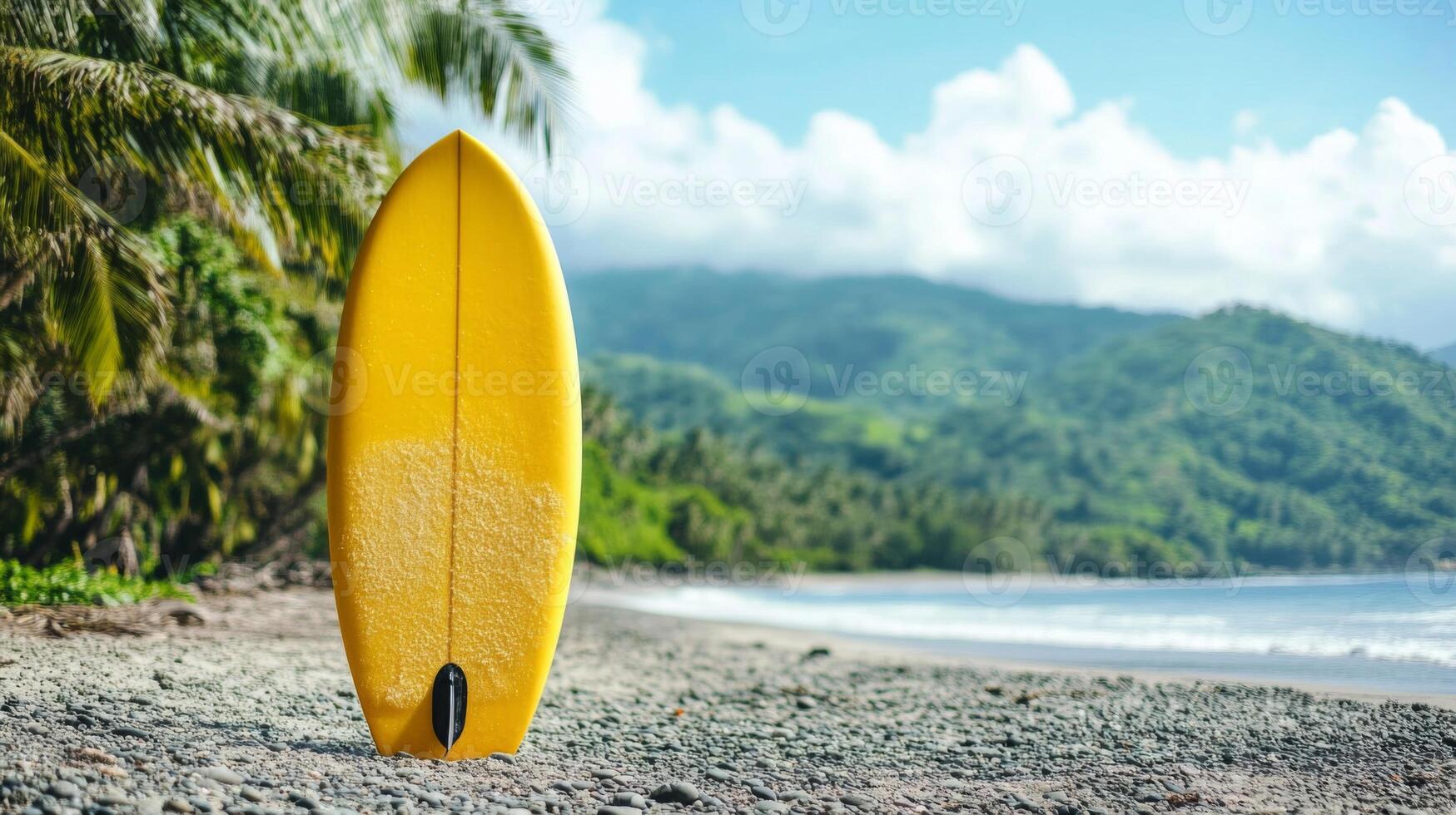 Yellow Surfboard on Tropical Beach photo