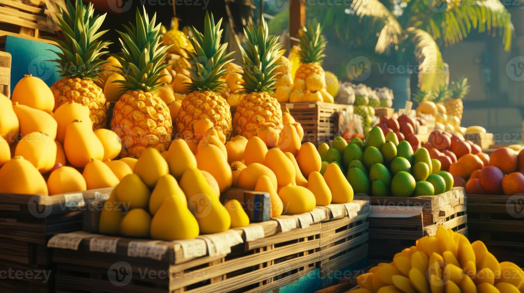 Vibrant Tropical Fruit Market Display with Mangoes and Pineapples photo