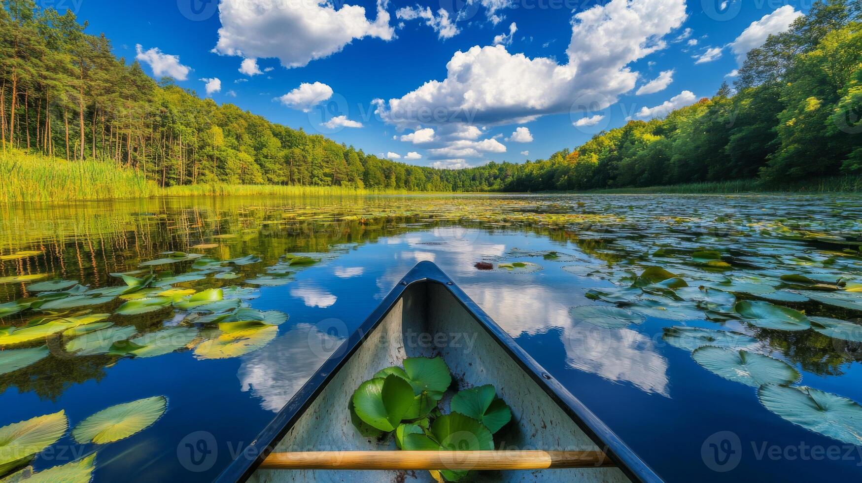 Canoe on a Calm Lake Surrounded by Lush Green Trees and Water Lilies under a Blue Sky photo