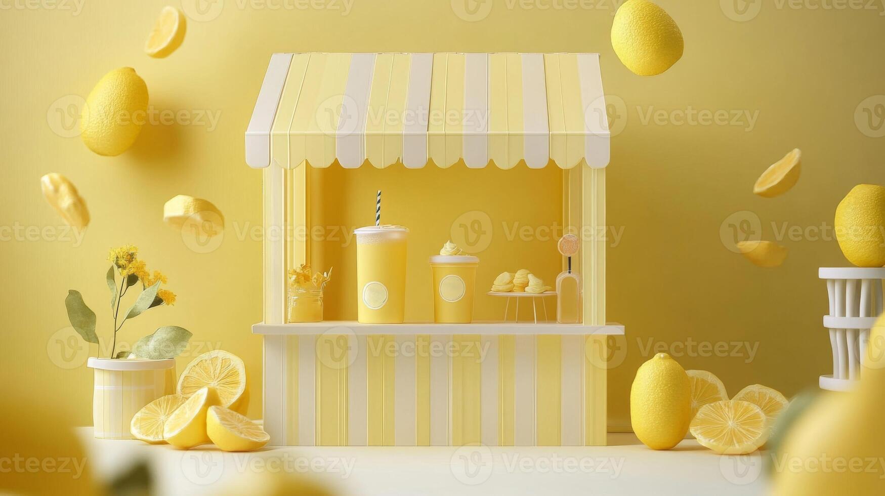Yellow Lemonade Stand with Fresh Lemons and Drinks photo
