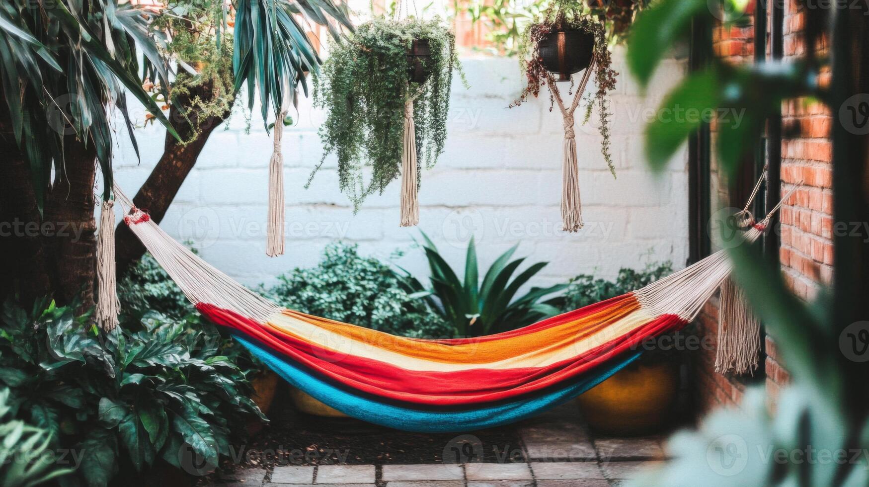 Colorful Hammock in Lush Garden Setting photo