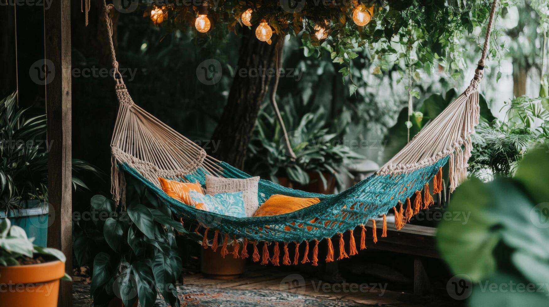 Relaxing Teal Hammock in Lush Garden Setting photo