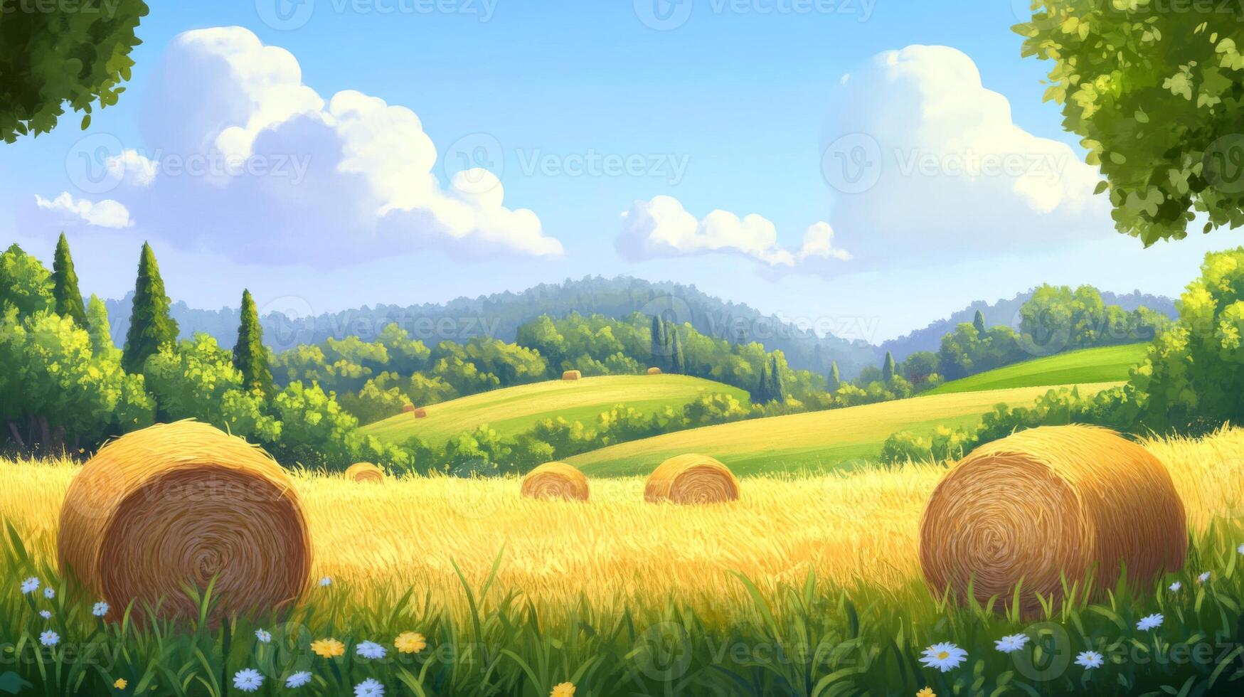 Summer Hayfield Landscape with Golden Wheat and Rolling Hills photo