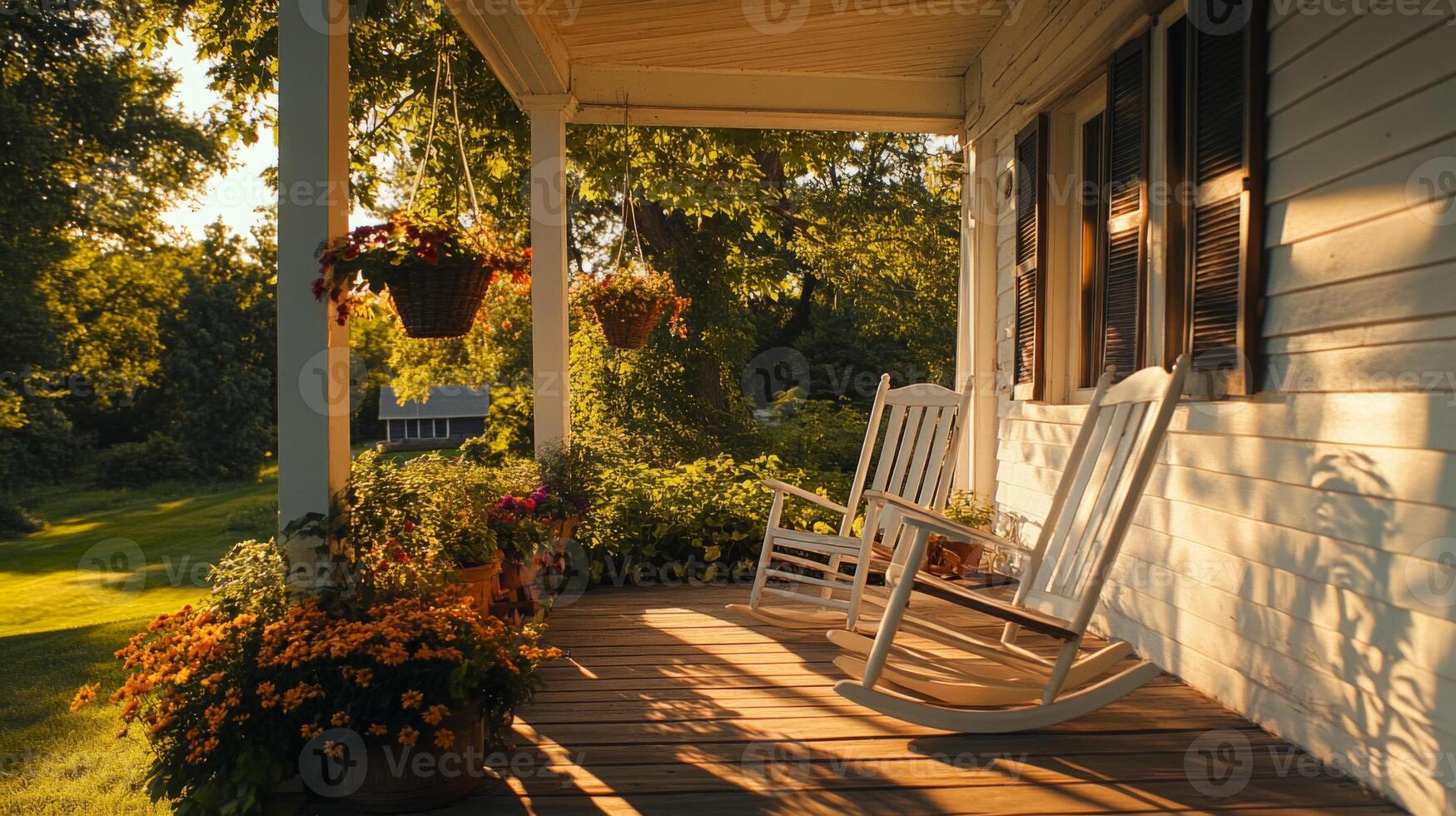 Peaceful Summer Porch Scene with Rocking Chairs photo
