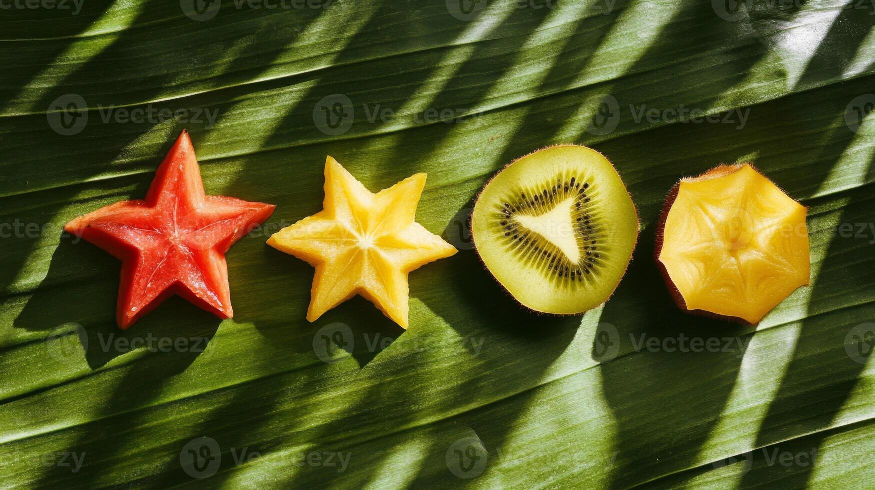 Sliced Tropical Fruits on Green Leaf Background photo