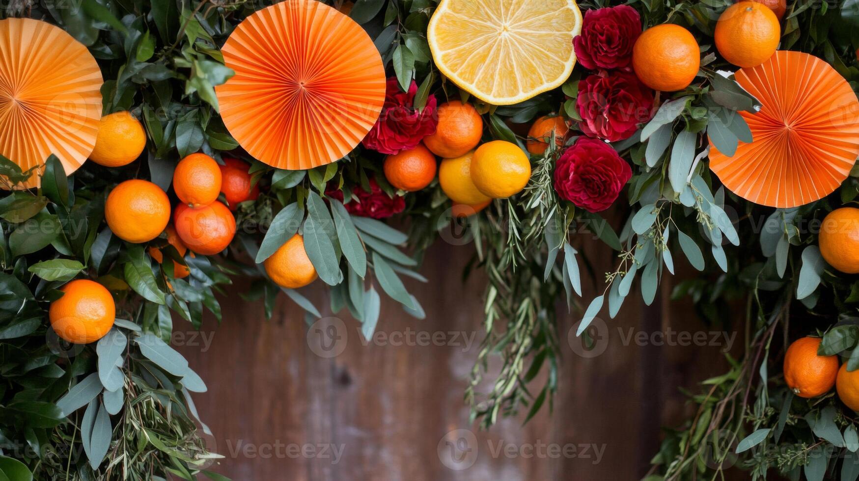 Vibrant Citrus Garland with Red Carnations and Paper Decorations photo