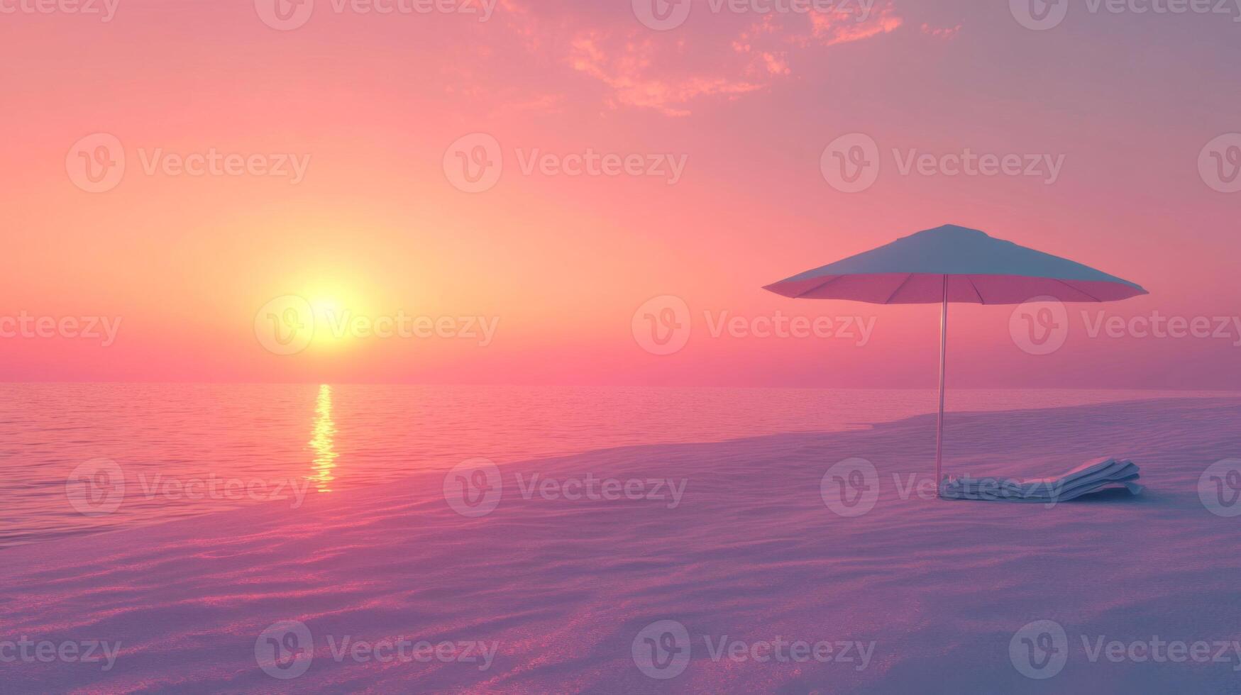Pink Sunset Over Calm Ocean Beach with Umbrella photo