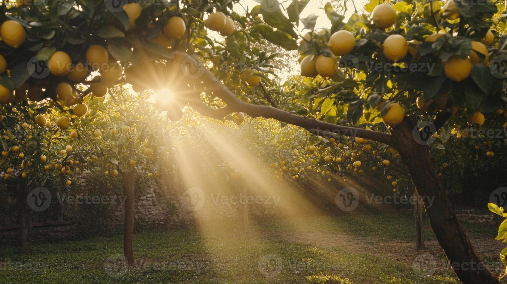 Sunlit Lemon Orchard at Sunset photo