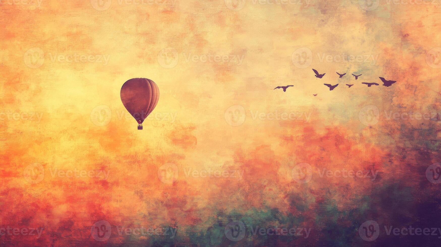 Hot Air Balloon and Birds Silhouette in a Textured Sunset Sky photo