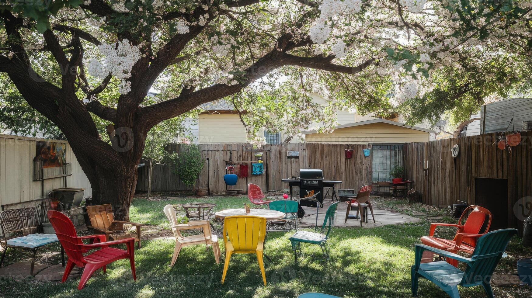 Colorful Chairs Under Blooming Tree in Sunny Backyard photo