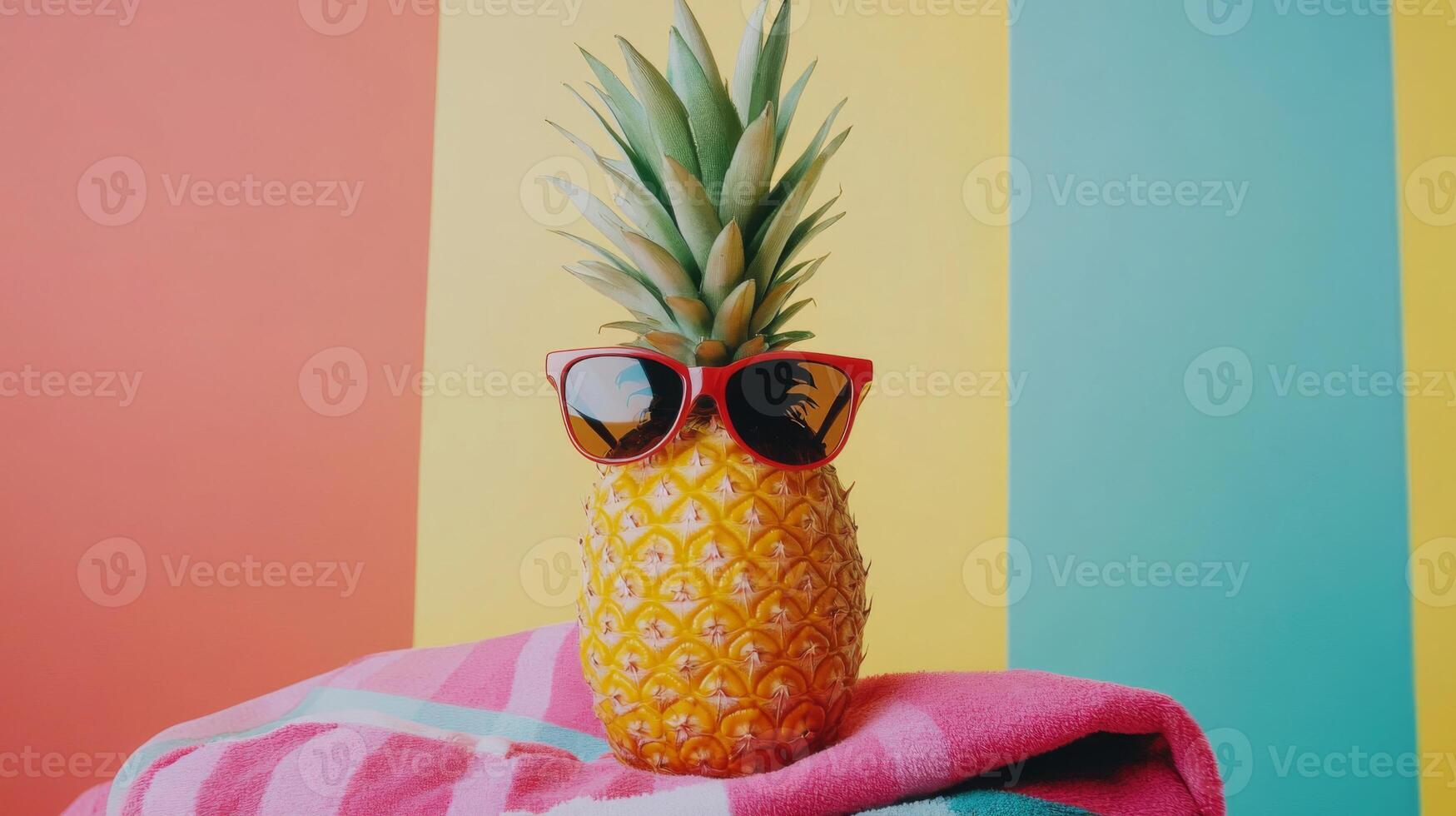 Pineapple Wearing Sunglasses on Pink Towel Against Colorful Background photo