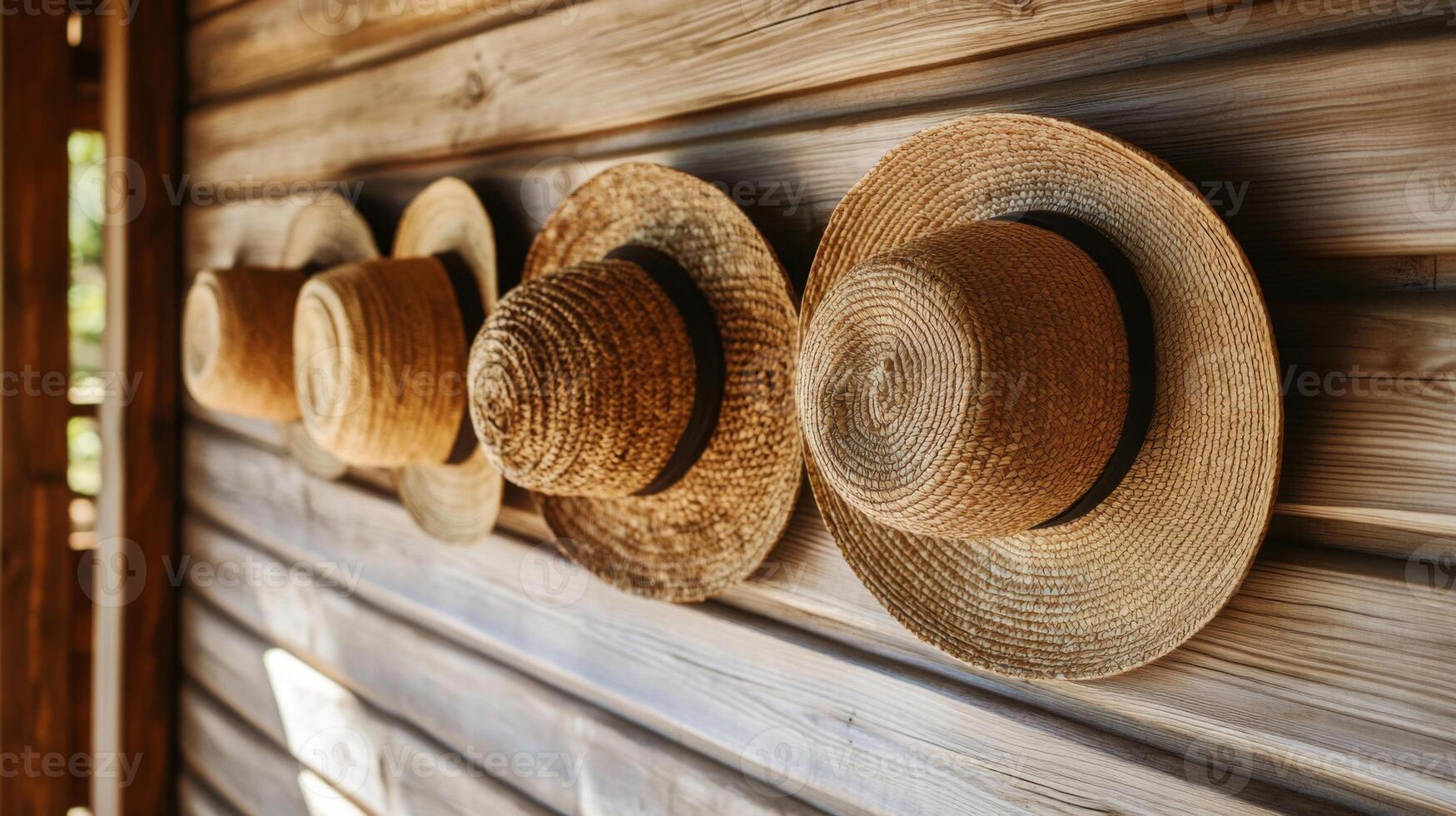 Collection of Straw Hats Hanging on a Wooden Wall photo
