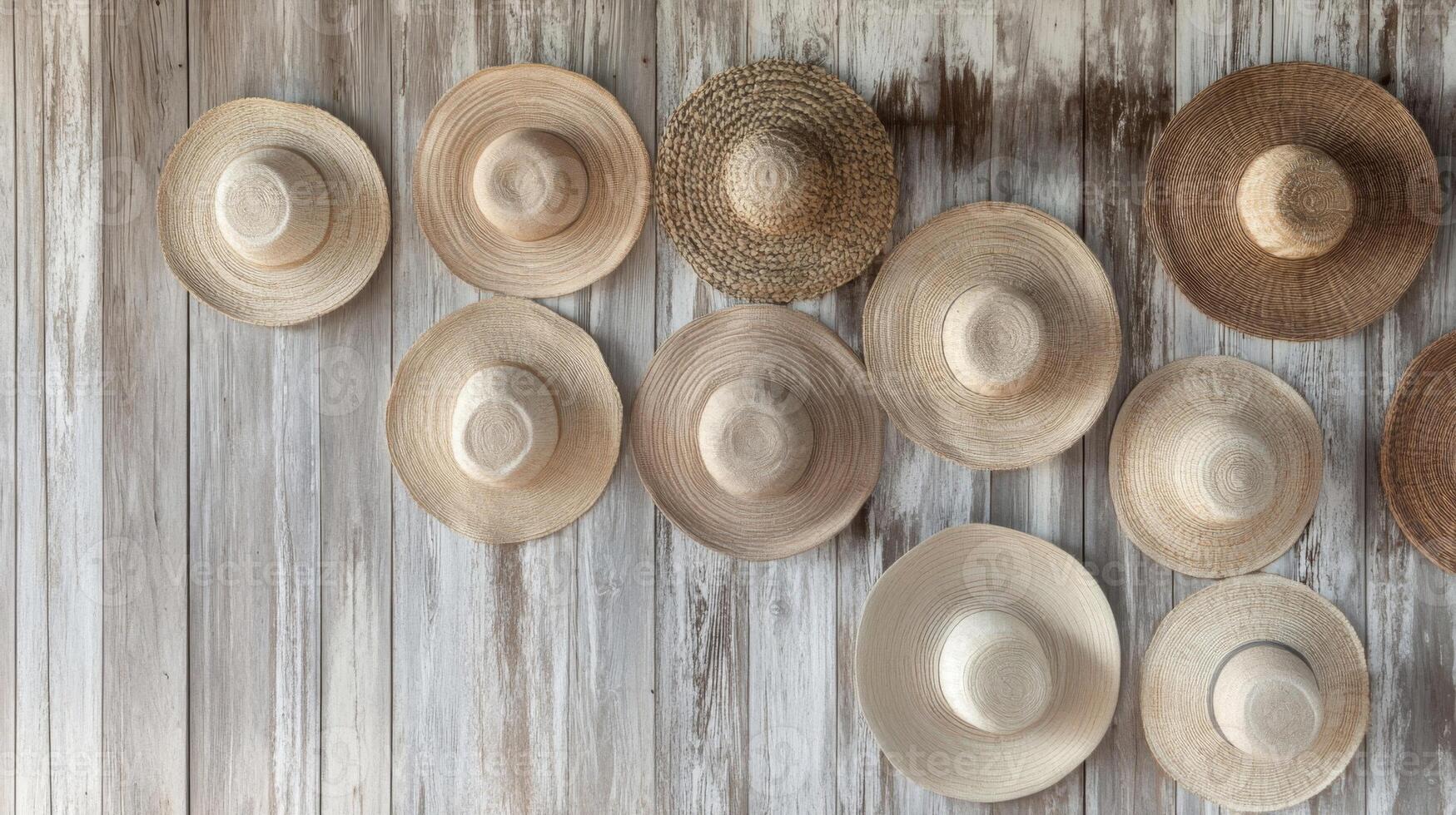 Collection of Beige Straw Hats on Whitewashed Wooden Wall photo