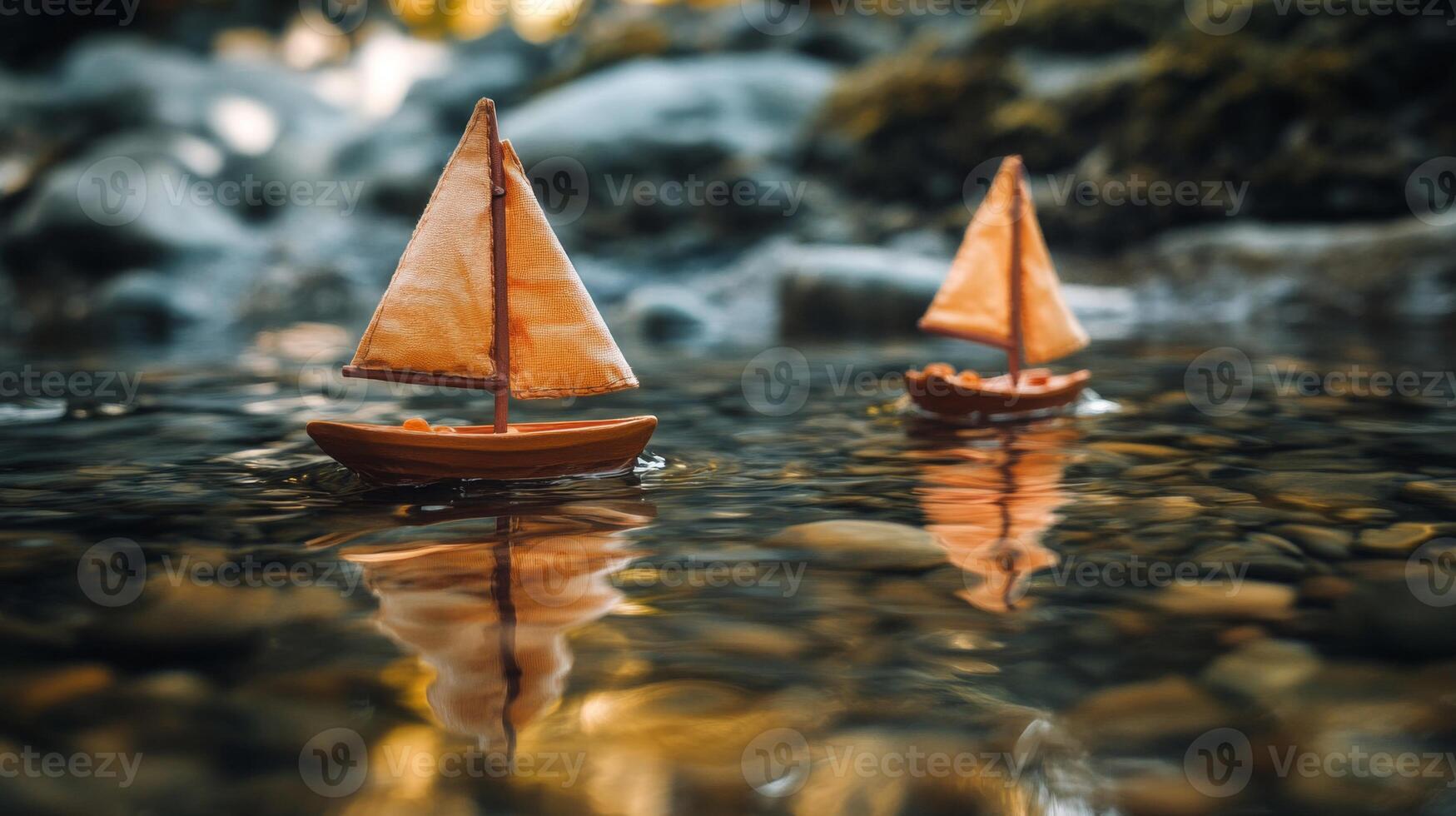 Two Miniature Wooden Sailboats Floating on a Calm River photo
