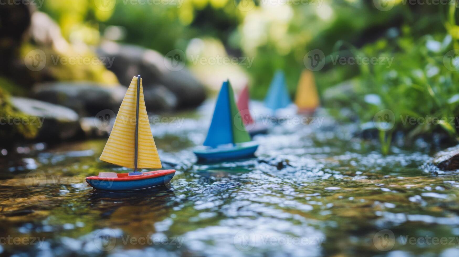 Colorful Toy Sailboats Floating on a Calm Stream photo