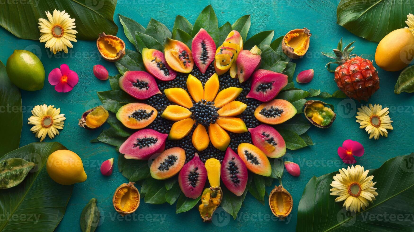 Vibrant Tropical Fruit Mandala on Teal Background photo