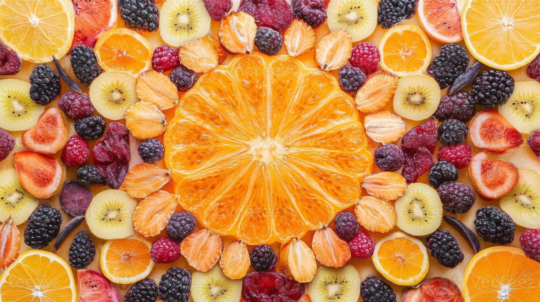 Vibrant Colorful Fruit Arrangement A Circular Pattern of Oranges Kiwis and Berries photo