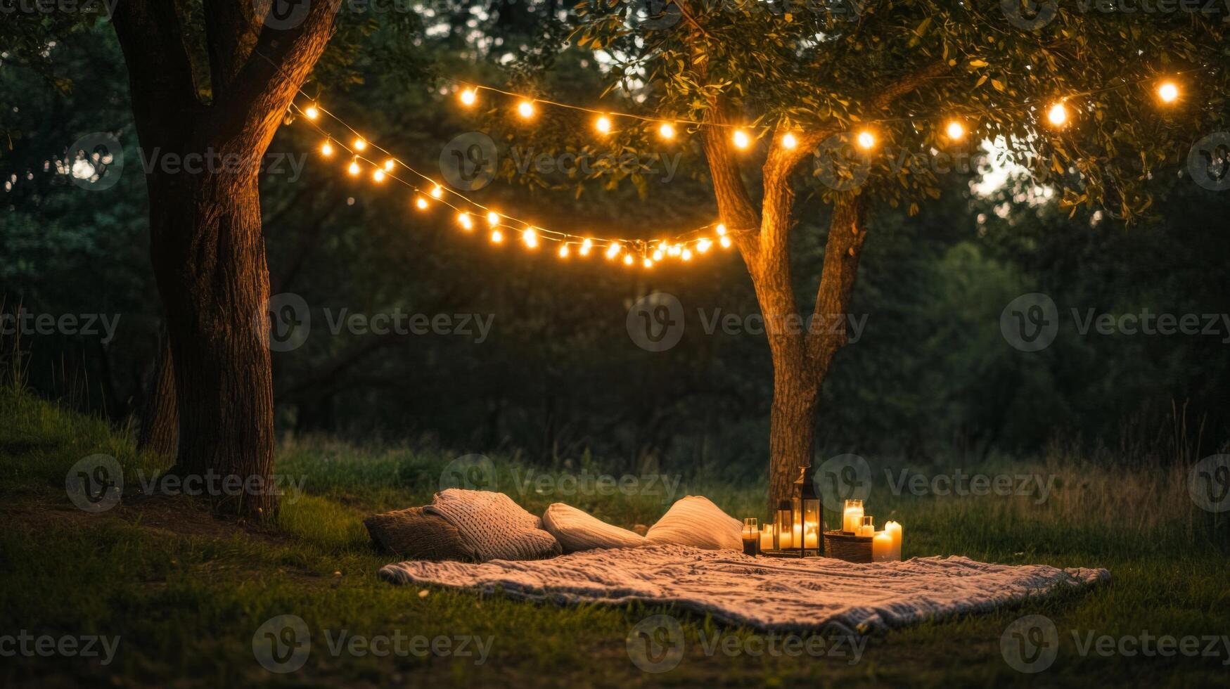 Romantic Outdoor Picnic at Night Under Trees with String Lights photo
