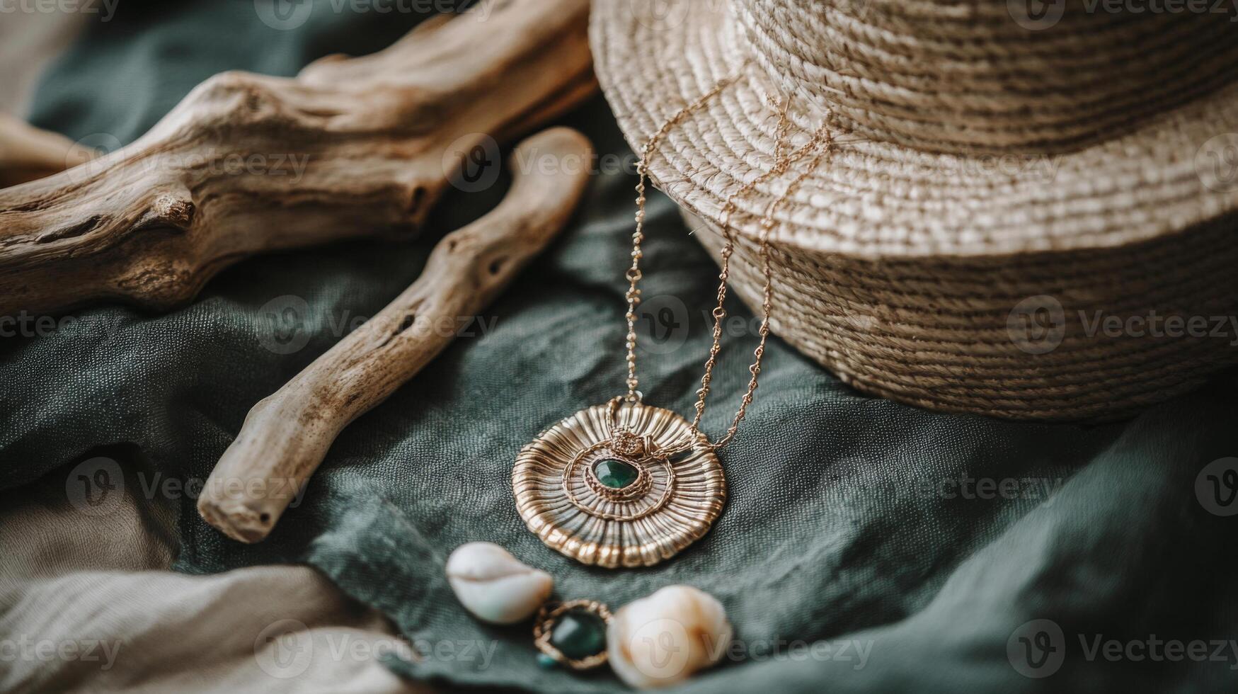 Elegant Gold Necklace with Green Stone and Seashells on Beach Setting photo