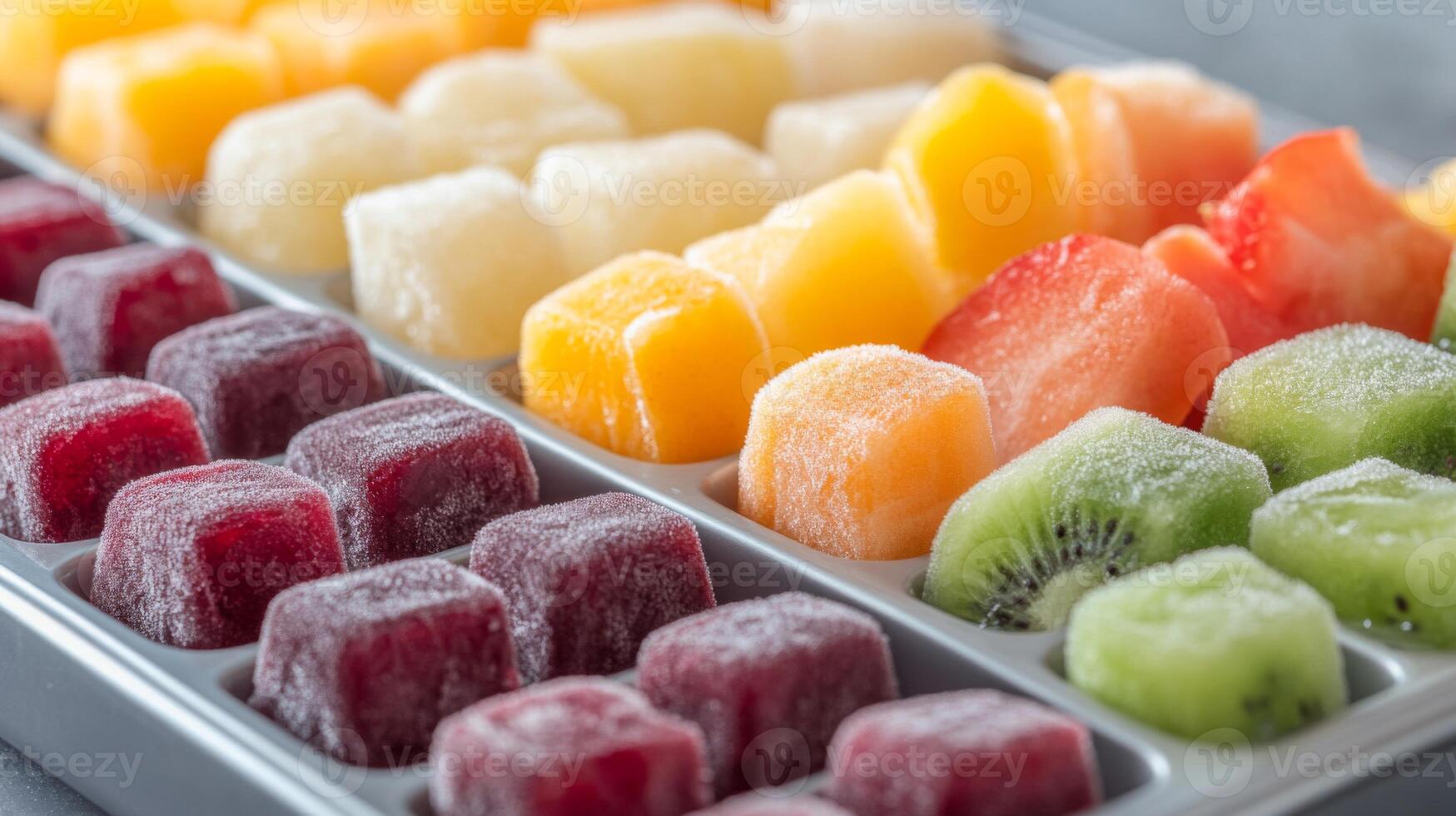 Colorful Frozen Fruit Cubes in a Tray photo