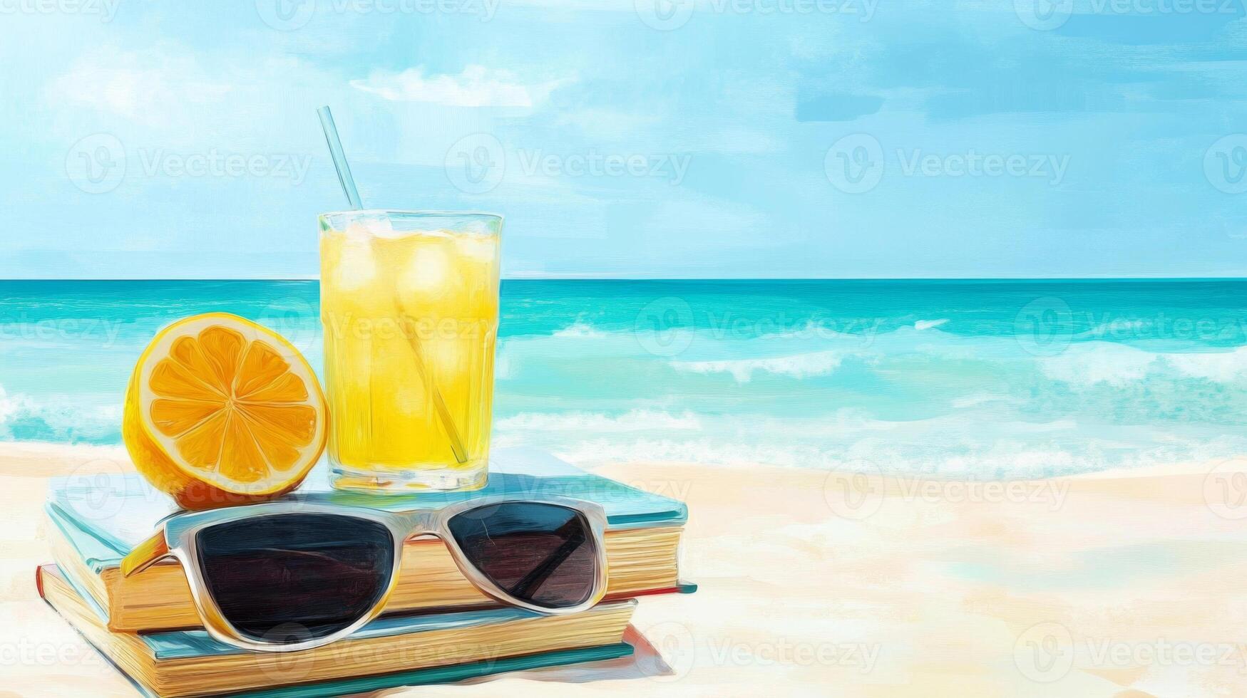 Summer Beach Scene with Refreshing Drink and Books photo