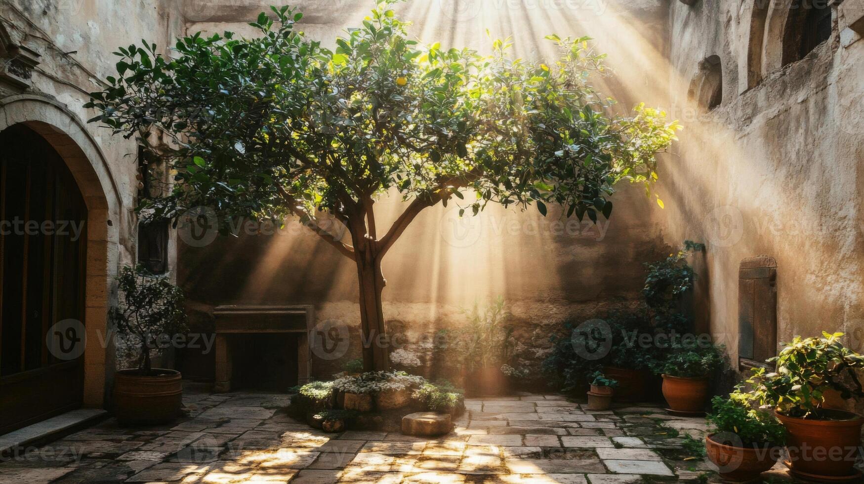 Sunlit Tree in Ancient Stone Courtyard photo