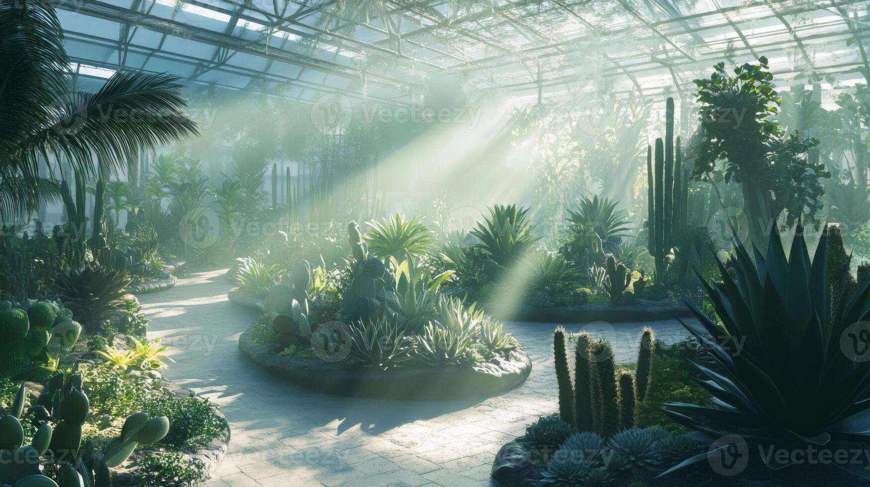 Sunlit Greenhouse with Lush Tropical and Desert Plants photo
