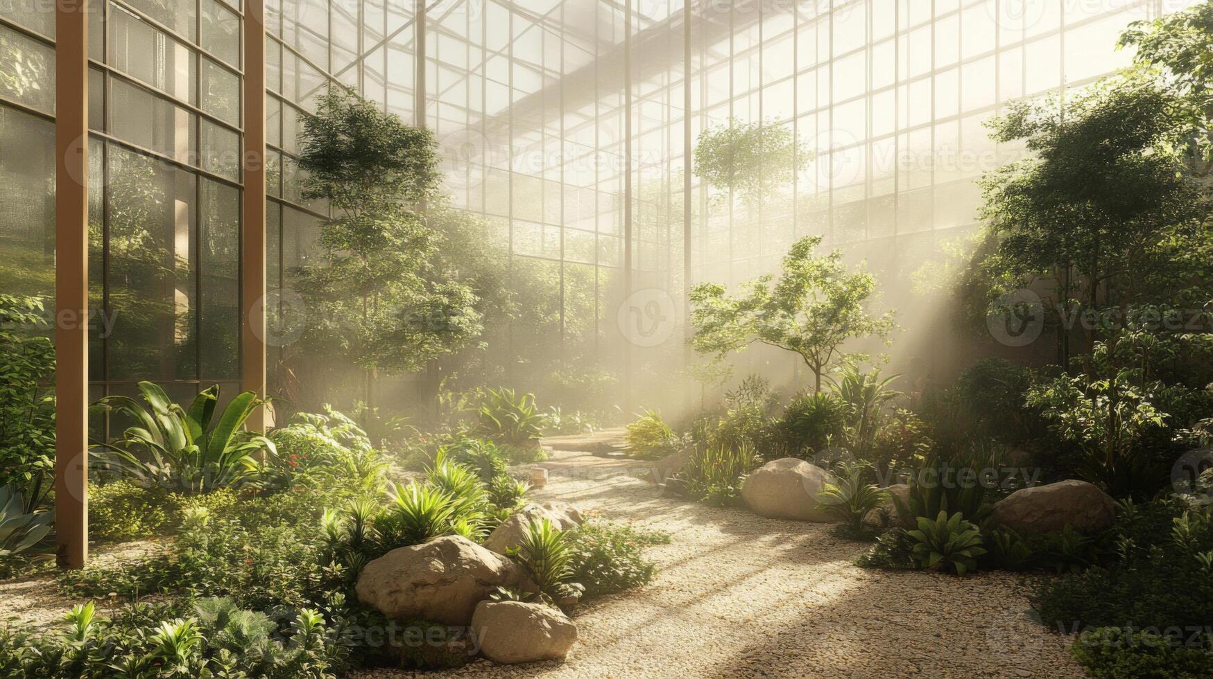 Sunlit Greenhouse Garden with Lush Greenery and Rock Path photo
