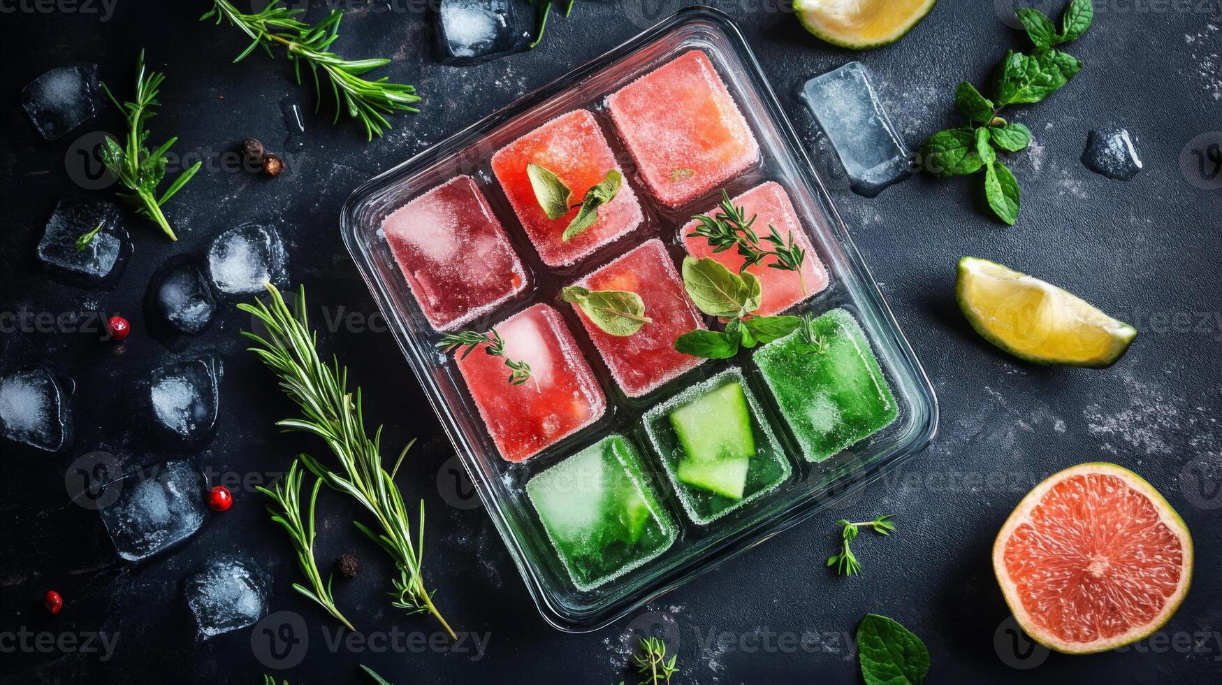 Frozen Fruit and Herb Ice Cubes in a Tray photo