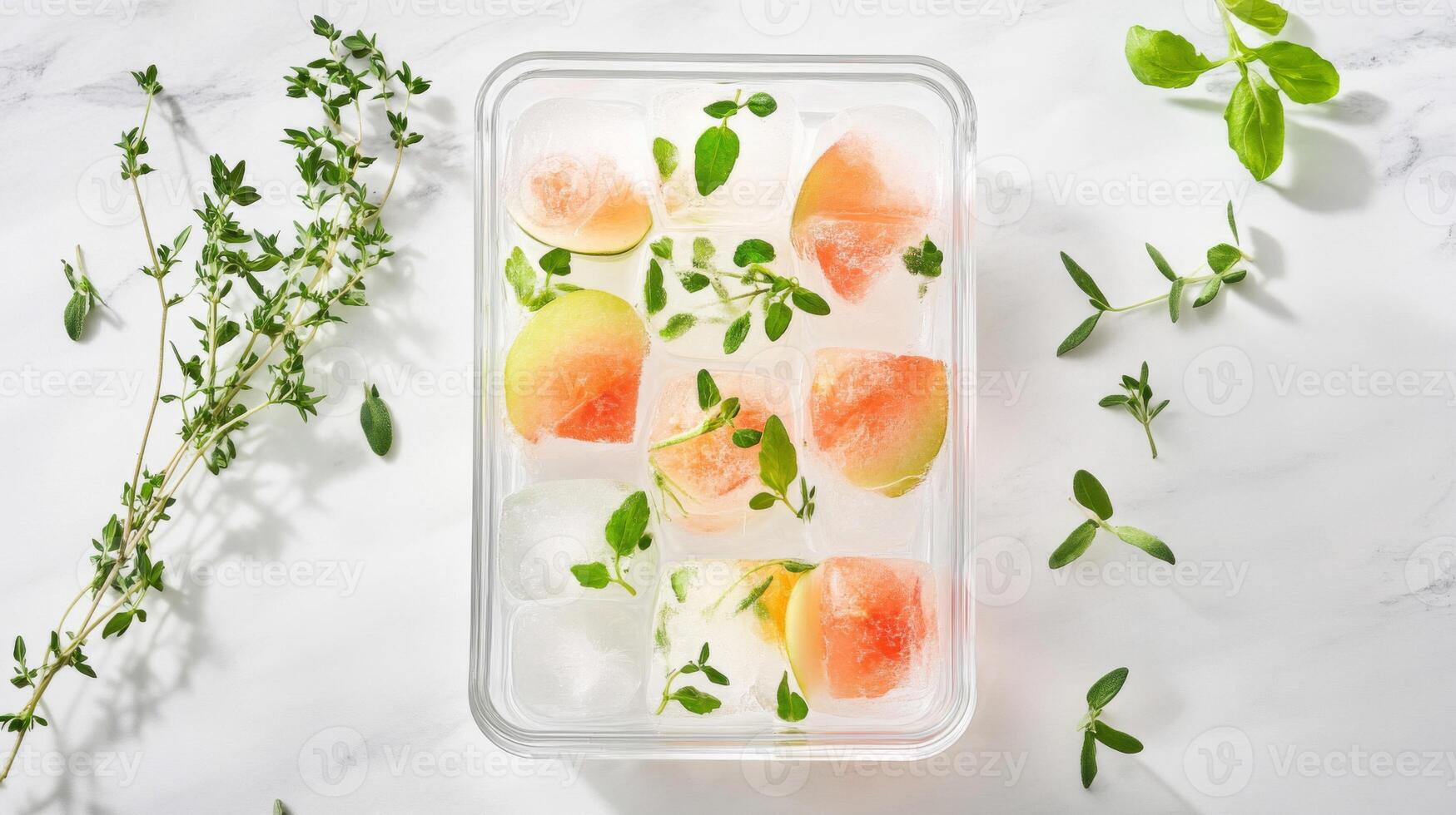 Figs and Herbs in Ice Cubes, Refreshing Summer Treat photo