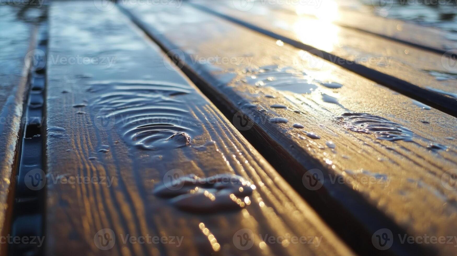 Wet Wooden Planks at Sunset Glowing with Golden Sunlight photo