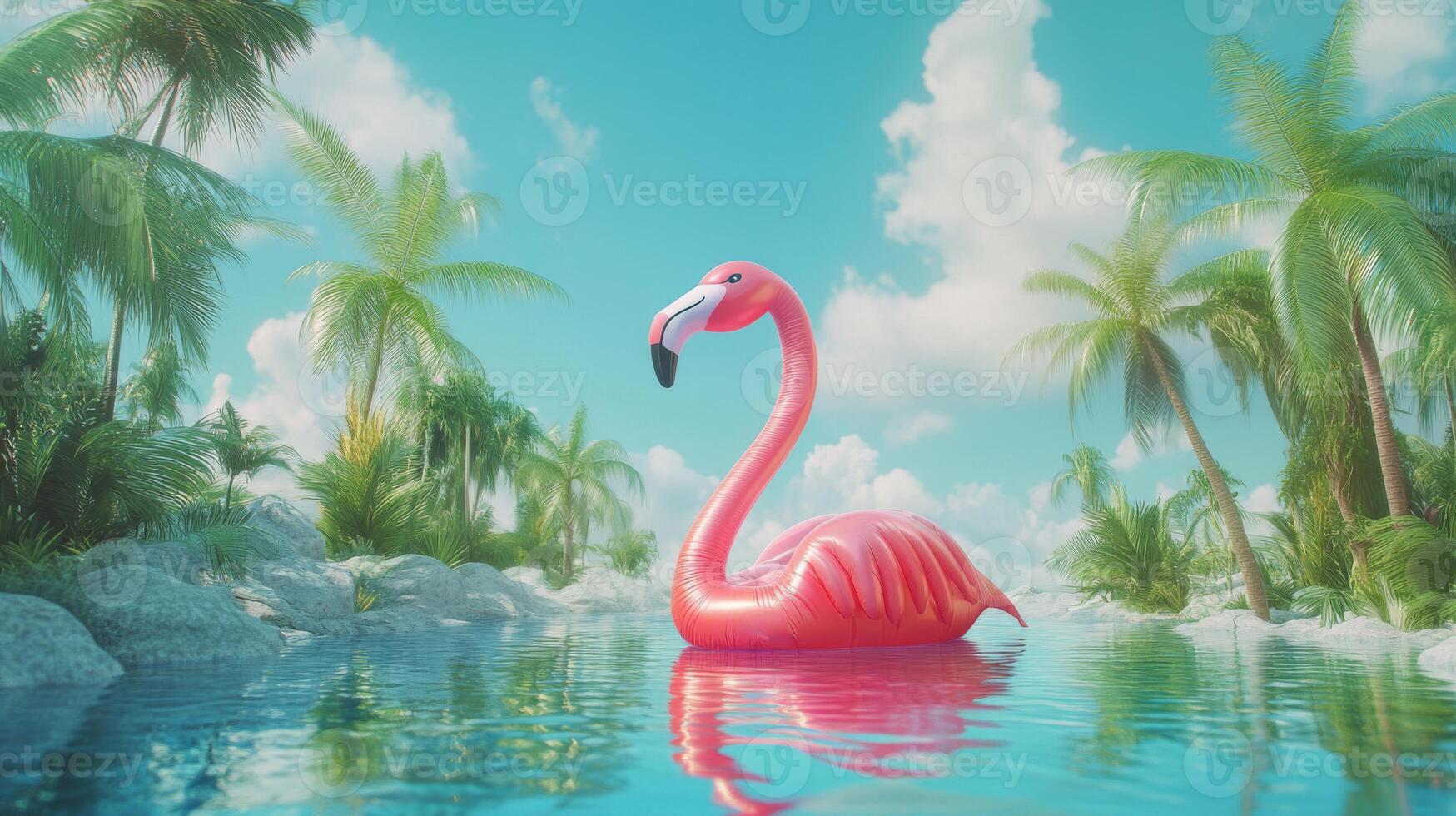 Pink Inflatable Flamingo Floating in Tropical Paradise photo