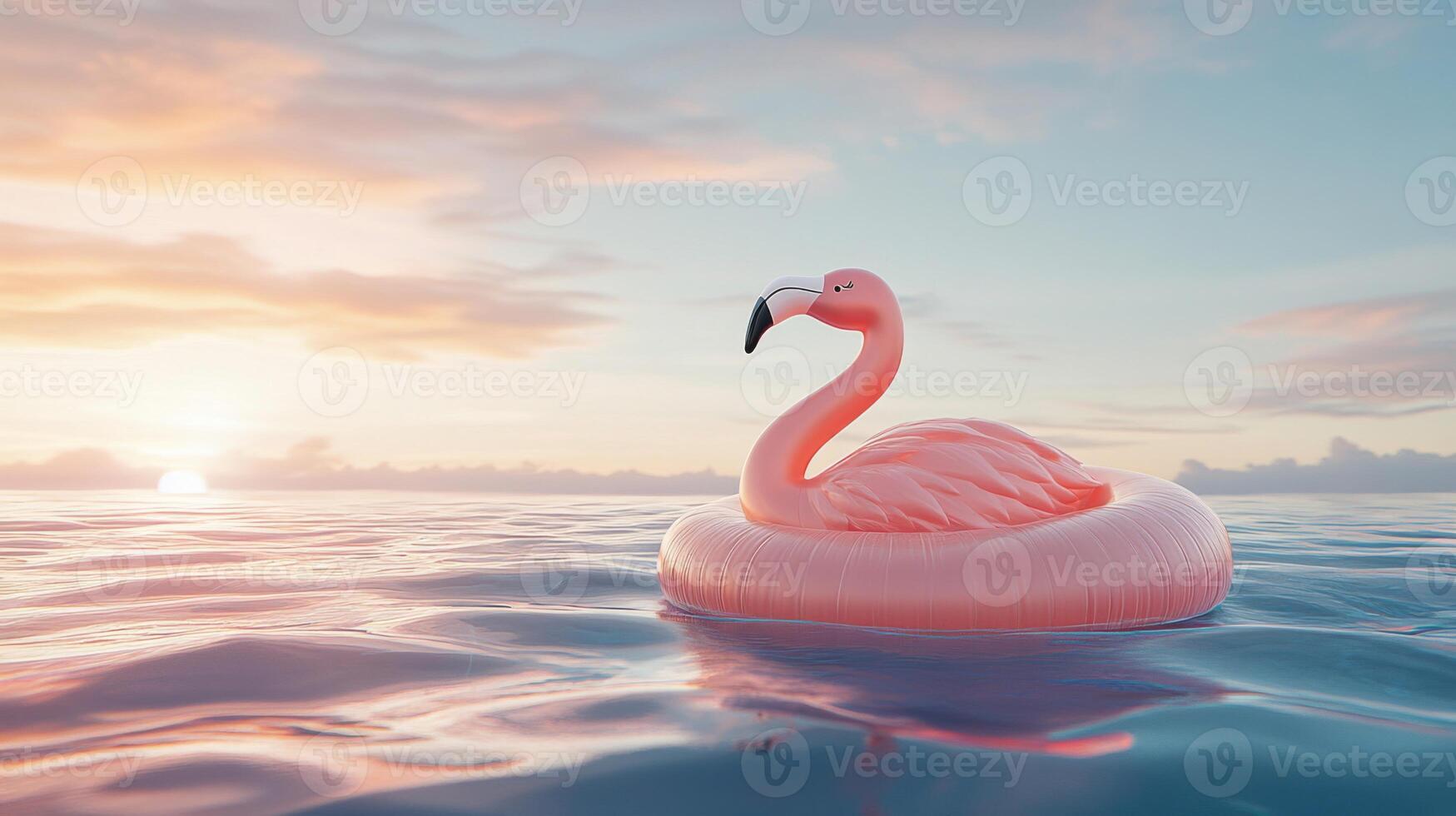 Pink Flamingo Inflatable Float on Calm Ocean at Sunset photo