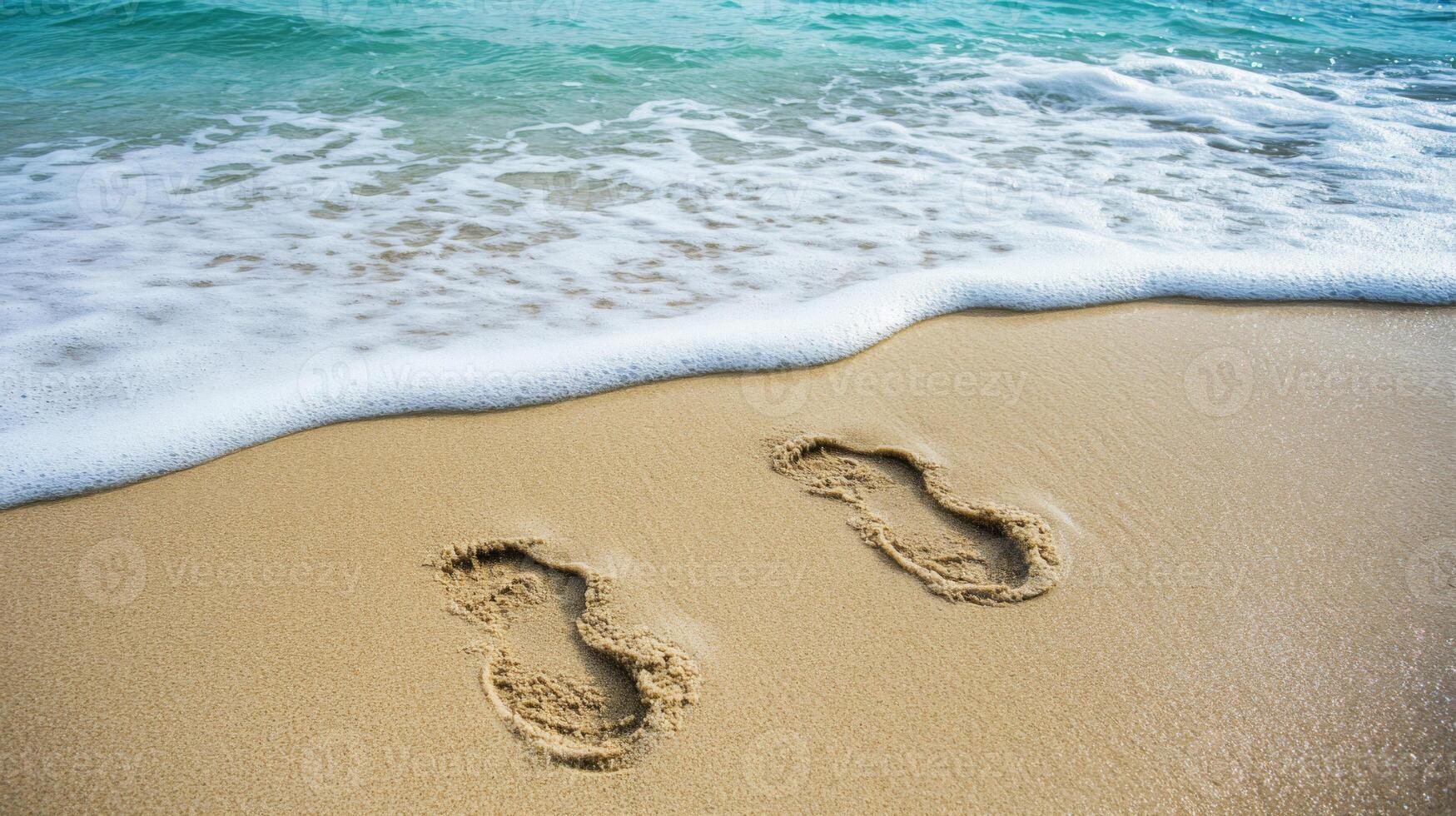 Footprints in Golden Sand Near Ocean Waves photo