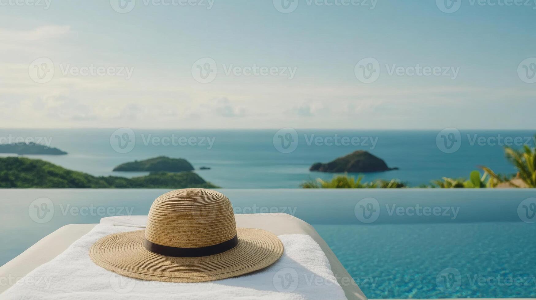 Straw Hat on Towel by Infinity Pool Overlooking Ocean photo