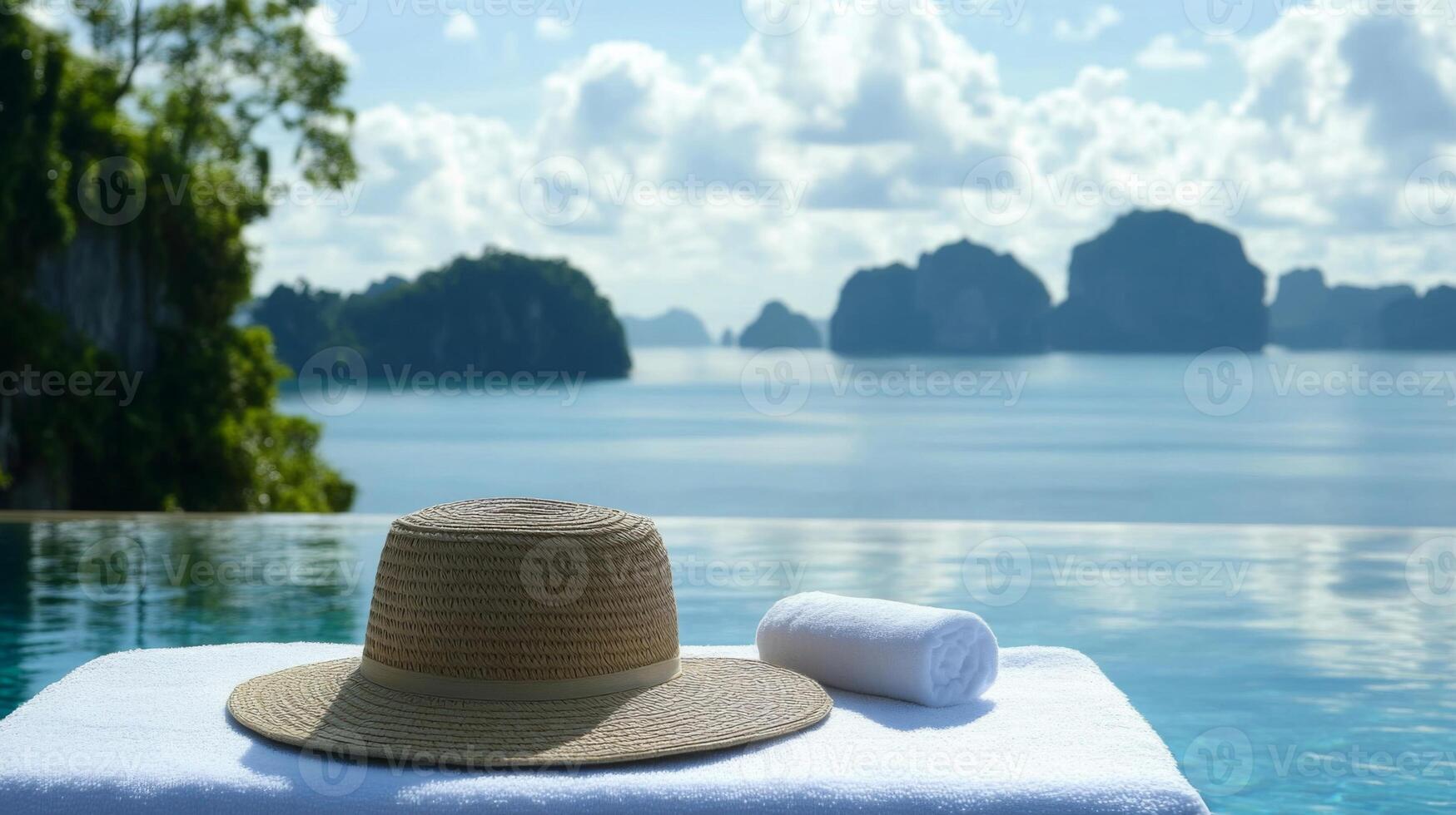 Straw Hat and Towel by Infinity Pool Overlooking Tropical Ocean photo