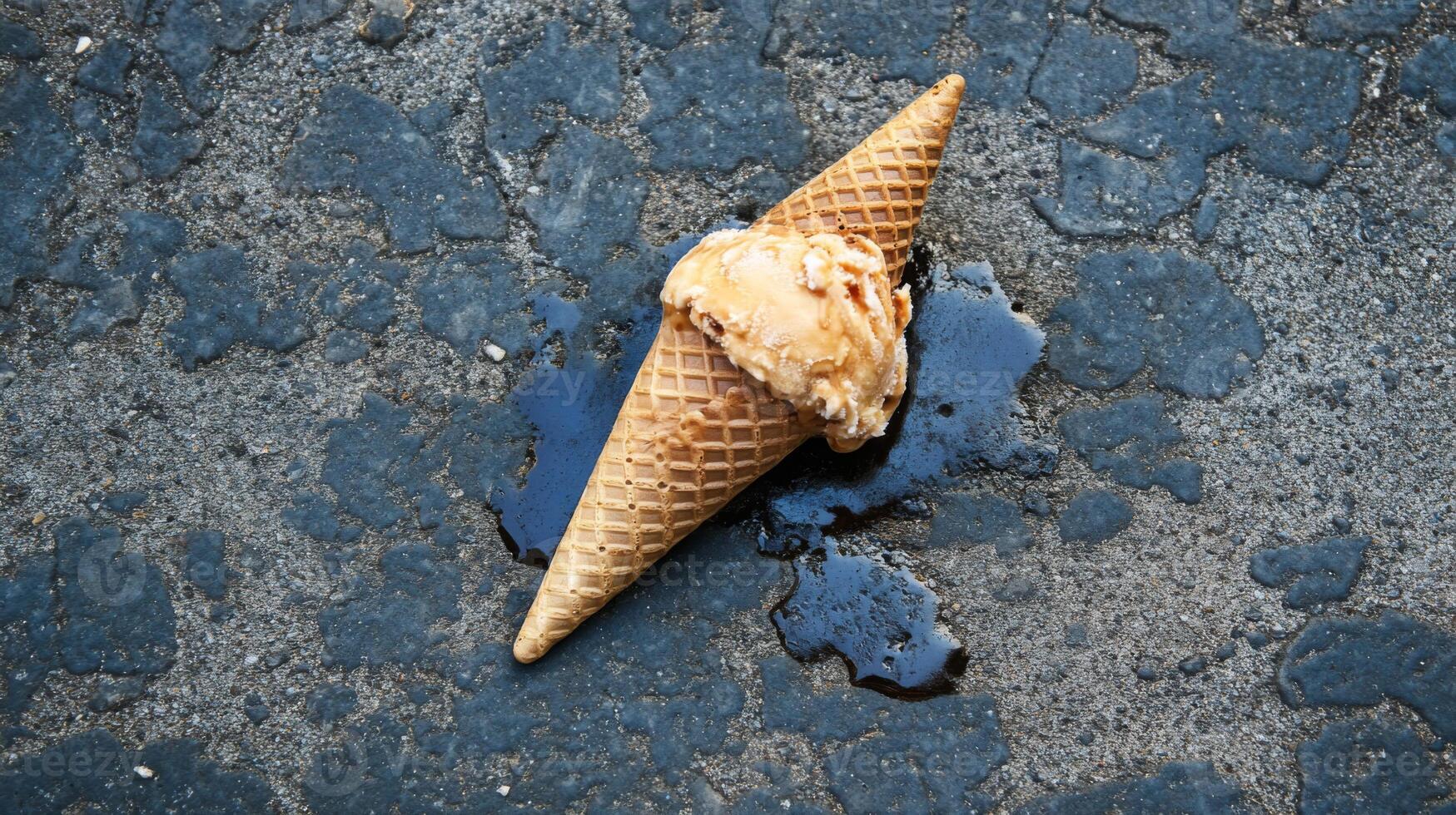 Melted Ice Cream Cone on Asphalt photo