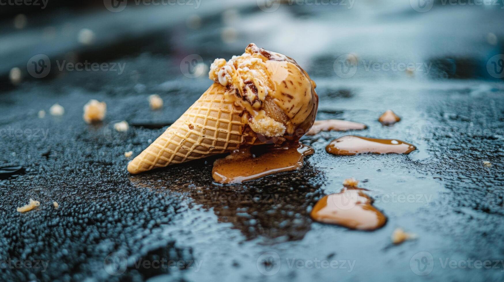 Melted Ice Cream Cone on Wet Asphalt photo