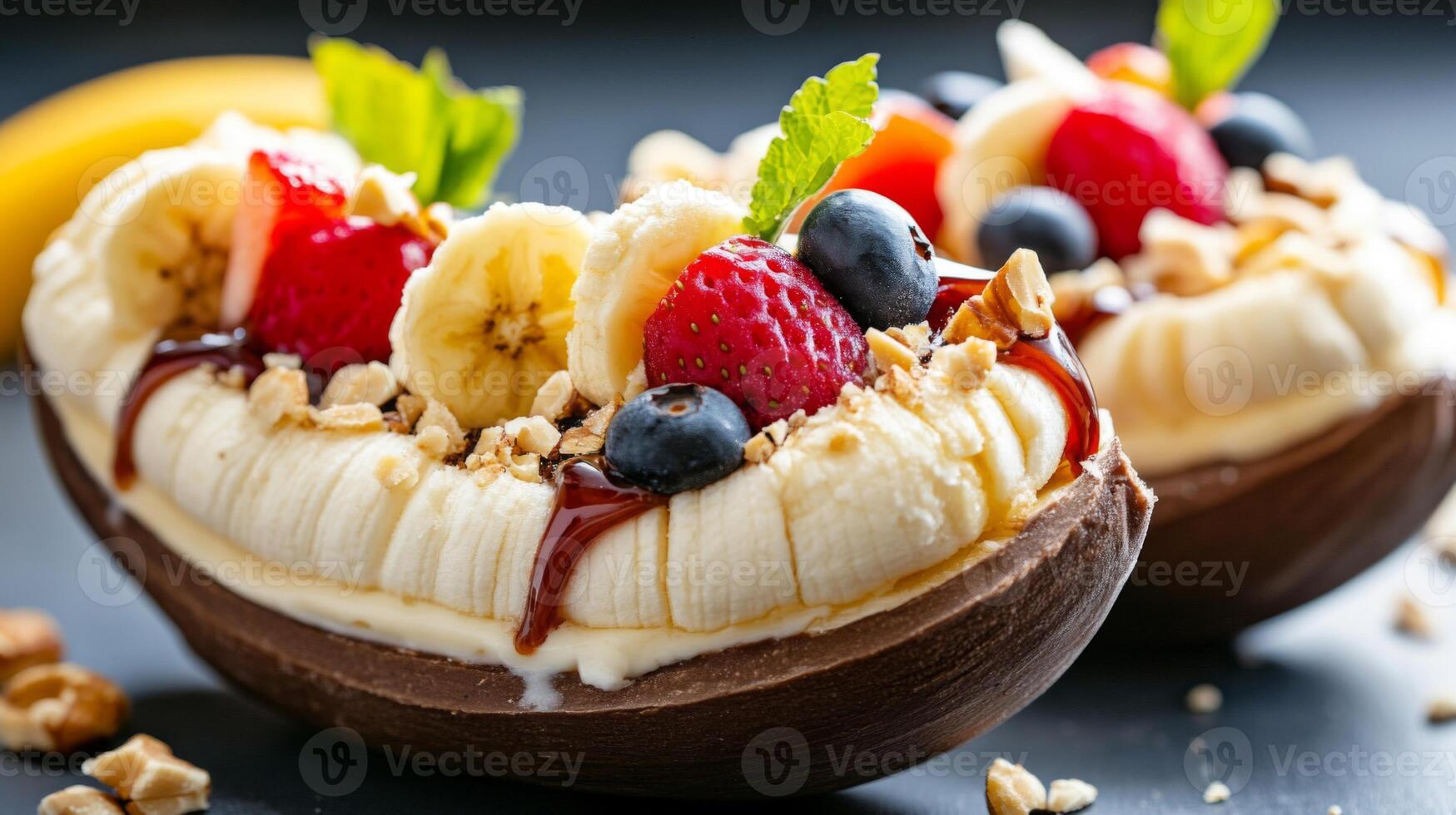 Chocolate Banana Boats with Ice Cream and Berries photo