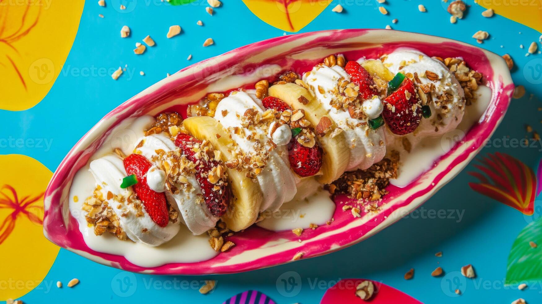 Boat Shaped Banana Split with Strawberries and Pecans photo