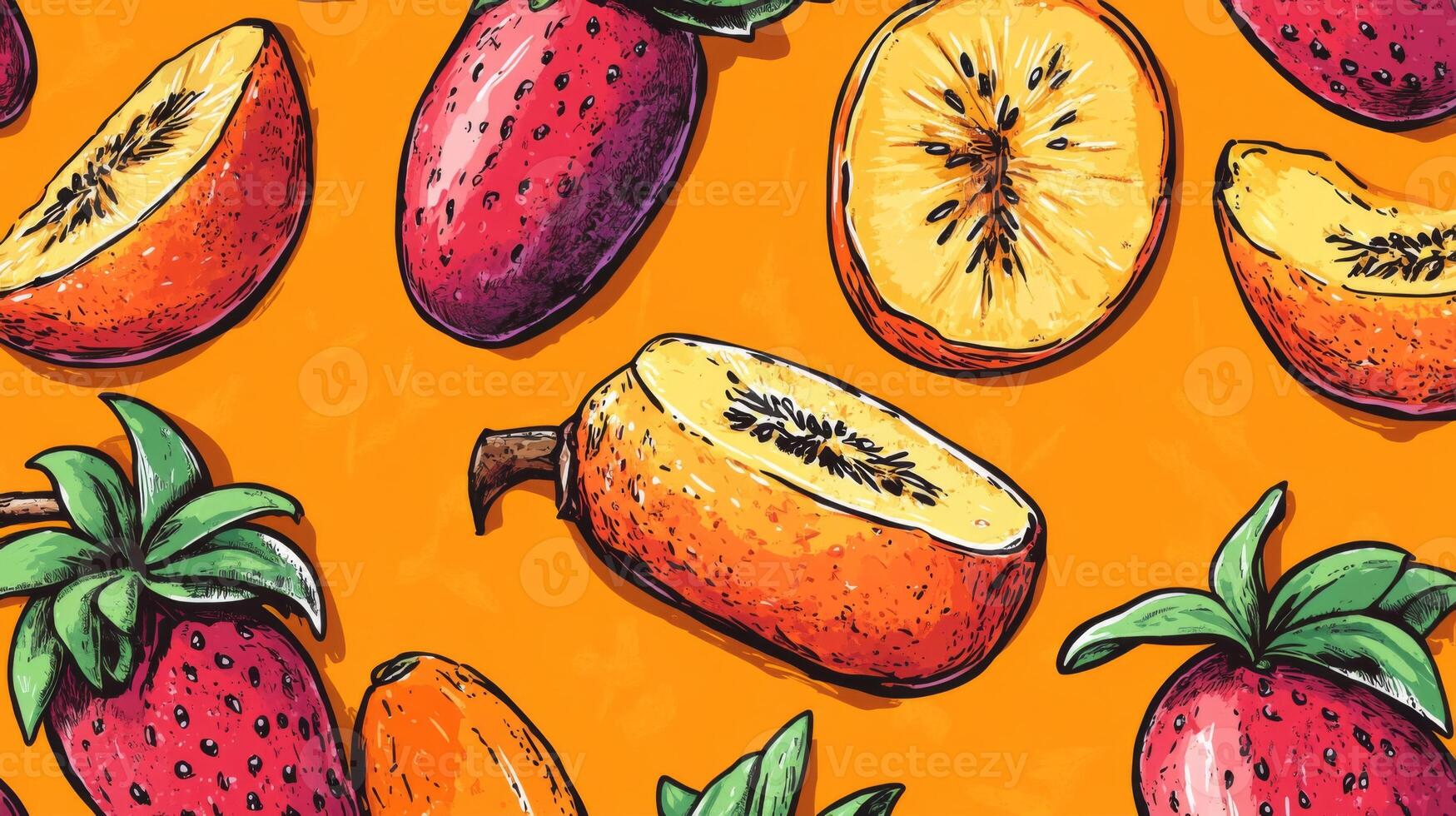 Vibrant Fruit Pattern with Strawberries and Kiwi on Orange Background photo