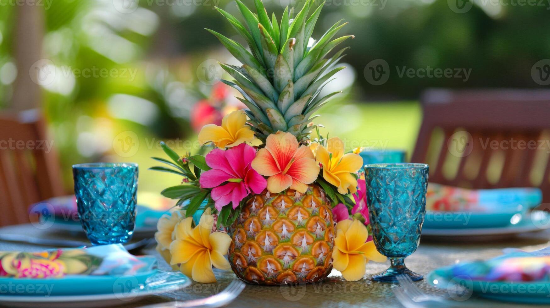 Vibrant Tropical Pineapple Centerpiece with Hibiscus Flowers photo