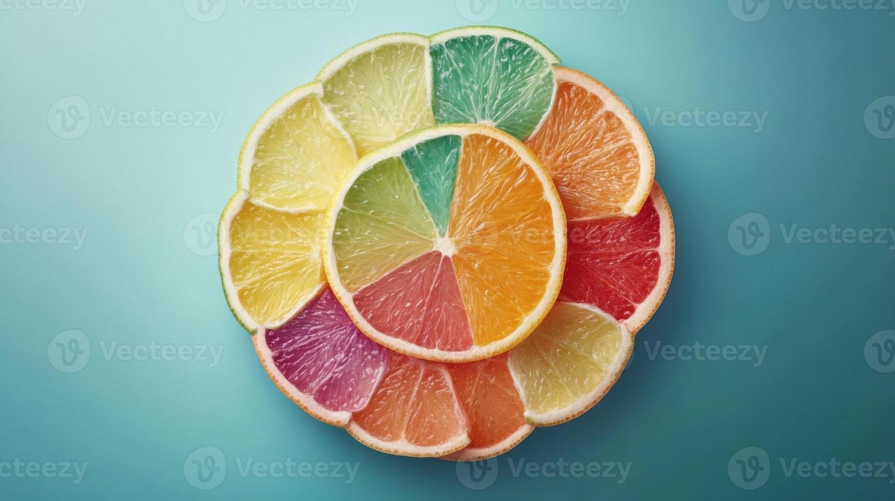 Colorful Citrus Fruit Slices Arranged in a Circle on Teal Background photo