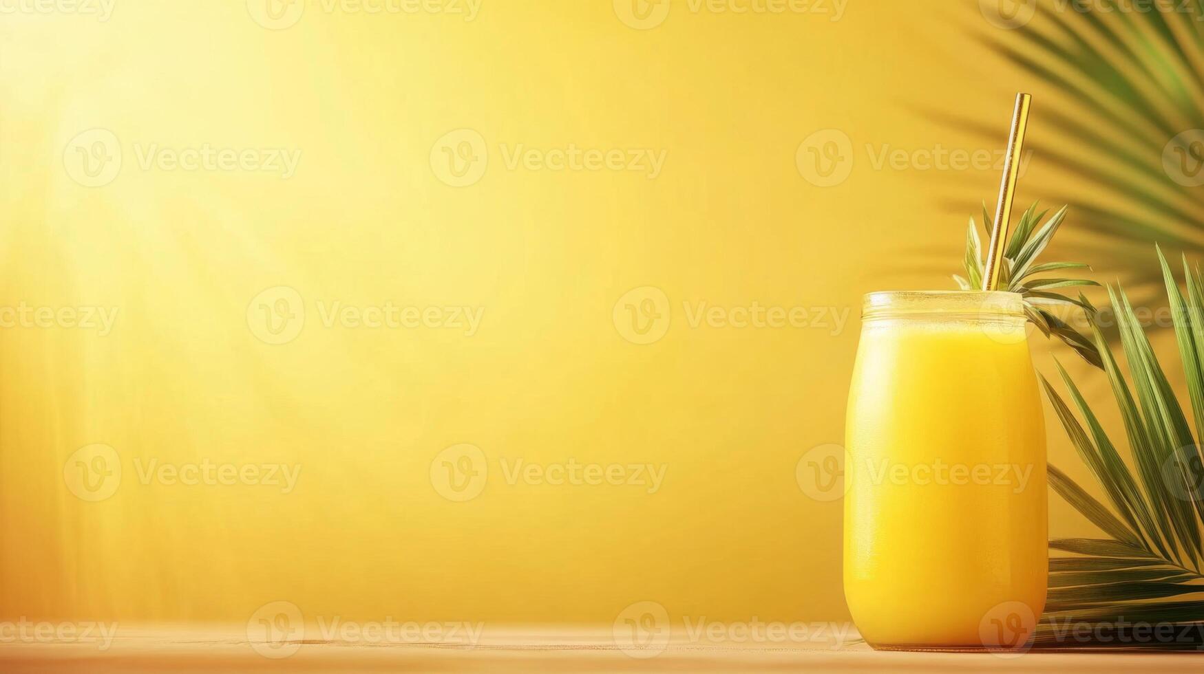 Refreshing Yellow Juice with Palm Leaf on Wooden Table photo