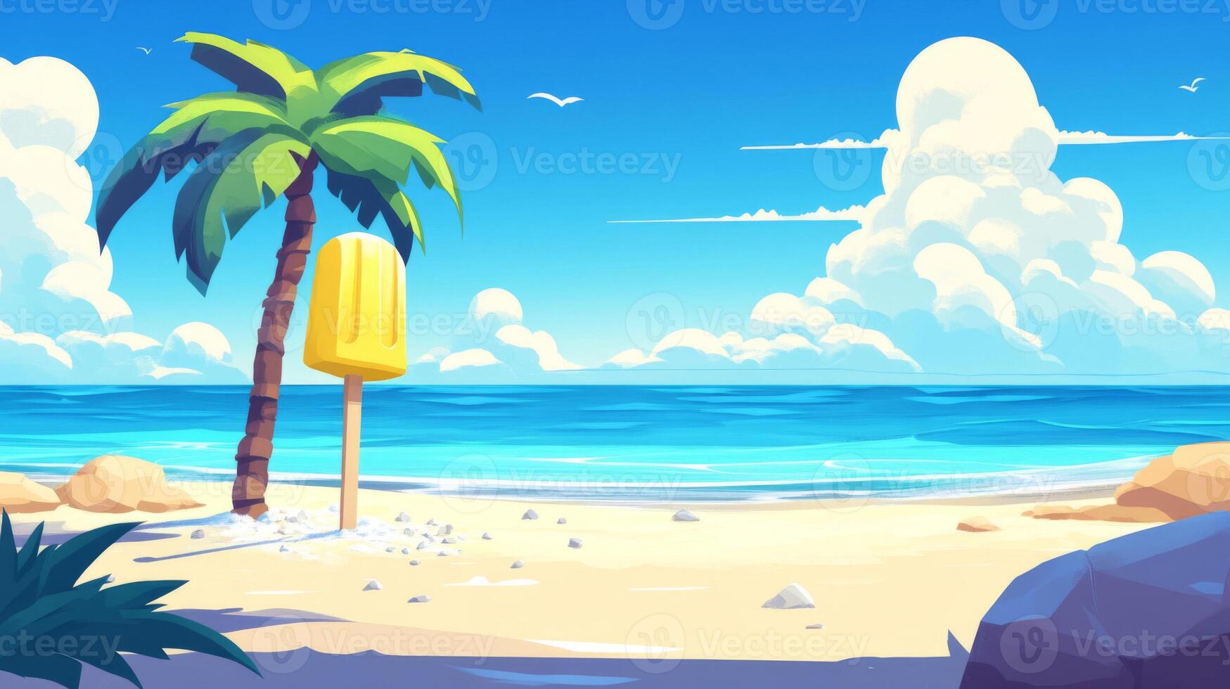 Tropical Beach Scene with Yellow Popsicle and Palm Tree photo